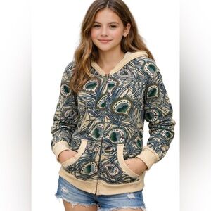 One World Vintage-Style Hoodie Zip Jacket, Peacock Print, Size M